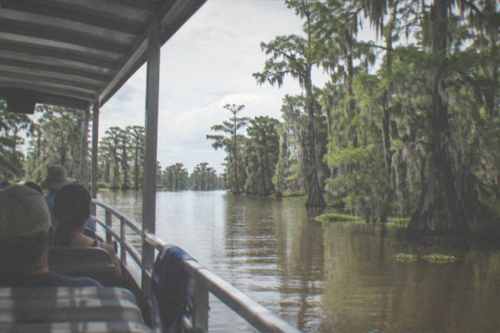 A covered pontoon boat cruising a wide swamp channel lined with cypress trees