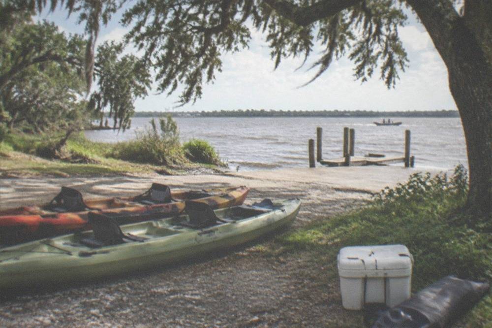 Tandem sit-on-top kayaks resting at a roadside swamp launch under overhanging trees
